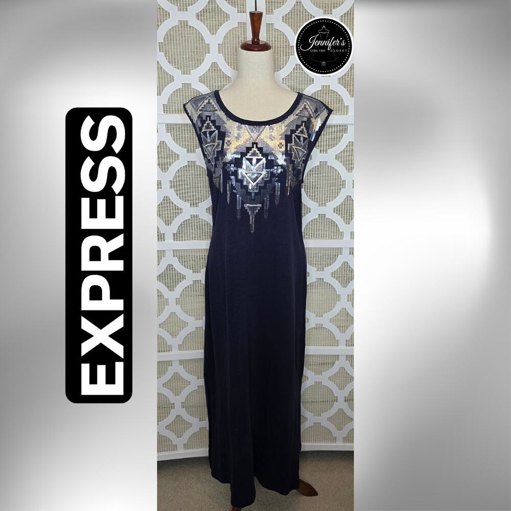 Express Women's Navy Blue Crew Neck Aztec Sequin Sleeveless Maxi Dress Size L